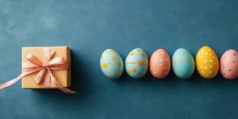 Aufkleber - Easter holiday backdrop featuring eggs. A top view of a row of colorful painted chicken eggs alongside a gift box with a ribbon.