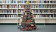 © ItziesDesign - Christmas tree made of stacked books with a star on top, library background.