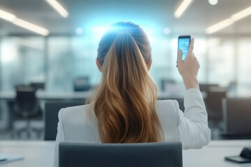 A businesswoman in a modern office holds a smartphone, reflecting a moment of productivity and innovation.