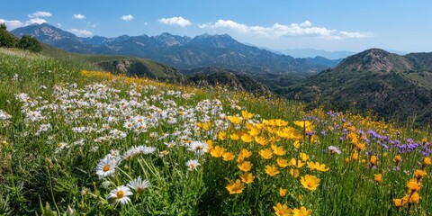 Poster - Countryside and mountain scenery featuring yellow, white, and colorful flowers.