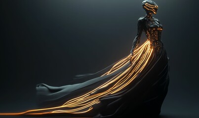 Robotic woman in glowing dress.