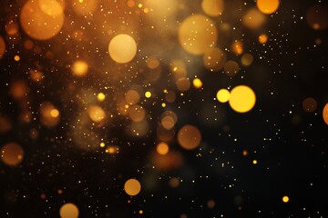 Abstract background with gold bokeh lights on a black background.