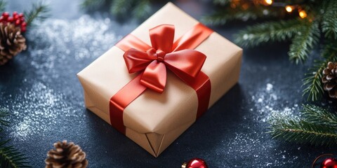 Leinwandbilder - Adorable gift box with satin ribbon on the table. Christmas and New Year theme, Valentine theme. Copy space, Negative Space. Top view.