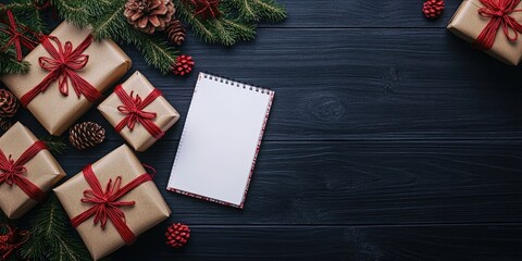 Wall Mural - Christmas arrangement featuring gifts adorned with red rattan decorative stars, cones, and a notepad on a black wooden background. Top view, flat lay, copyspace.