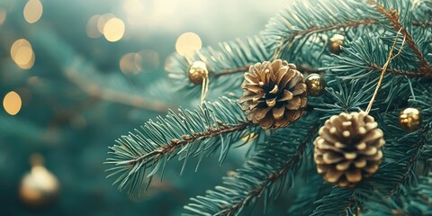 Poster - Close-up of a pine branch adorned with decorations. Background for Christmas and New Year holidays. Vintage color tone. Copyspace for your text.