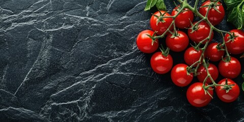 Poster - Fresh red cherry tomatoes on a vine. Vegetables. Set against a black stone background. Top view.