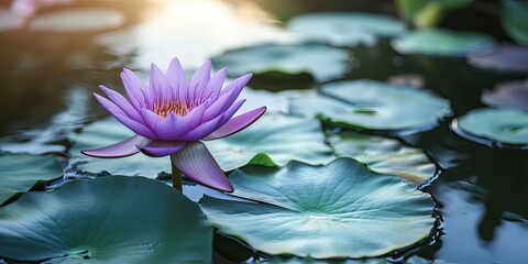 Sticker - a lovely purple lotus with green leaves in a pond