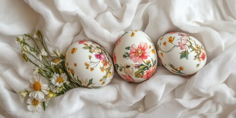 Aufkleber - Easter eggs adorned with flowers on white linen fabric. Concept of spring and Easter.