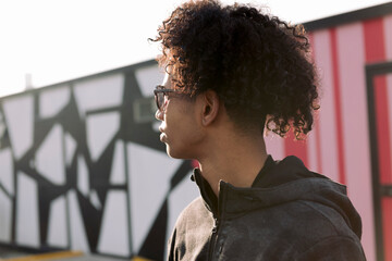 confident curly haired african american male teenager with trendy sunglasses looking to the side while standing against colorful urban background, concept of young lifestyle