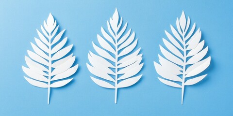 Poster - Three white hand-cut paper spiky feather leaves on a blue background.