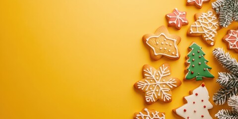 Aufkleber - Christmas cookies on a yellow background with copy space. Top view. Flat lay. Stylish colorful photo. Minimalist design with a vibrant paper backdrop. Christmas theme.