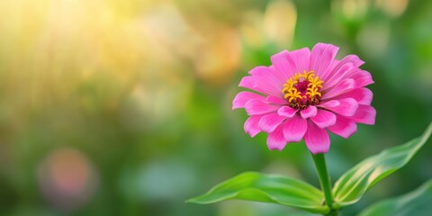 Sticker - Sweet pink zinnia. Small flower with a green blurred background. Space available for copy text.