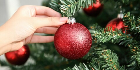 Poster - Handing red Christmas ornaments on a tree for holiday decoration.