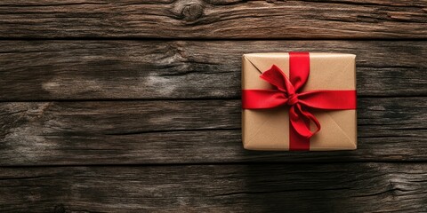 Craft paper gift box with a red bow on a weathered wooden table. Space for text