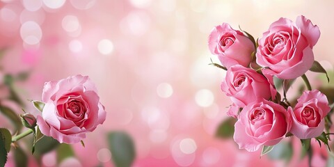 Fototapete - Border of pink rose flowers on a pink bokeh background featuring happy Valentine's Day greetings.