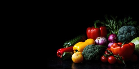 Poster - Fresh vegetables against a black background. Space for a label. The concept.