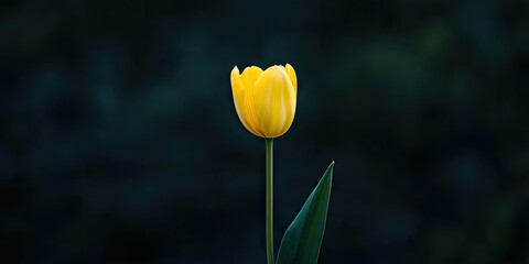 Aufkleber - A solitary yellow tulip set against a dark backdrop, outside. Copy space. Macro.