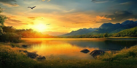 Poster - beautiful landscape at sunset - copyspace for various uses