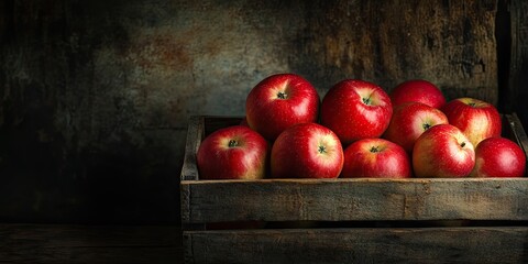 Poster - Cluster of ripe red apples in a wooden box with dim light in a dark room, featuring copy space for text.