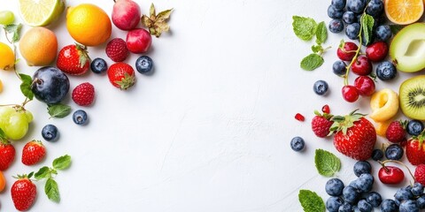 Poster - Assorted summer fruits on a white background. Fresh raw food idea. Copyspace, panorama, banner.