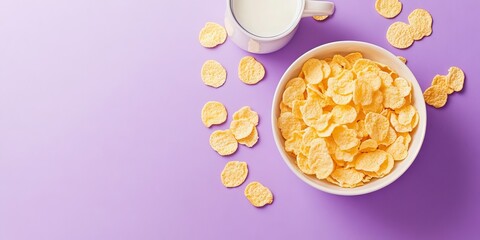 Aufkleber - Bowl of corn flakes and jug of milk on a purple background, top view.
