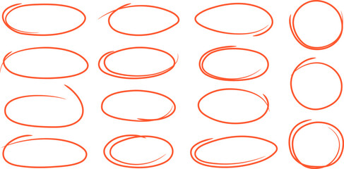 Leinwandbilder - Hand drawn highlight editable stroke. Set of red sketches of ellipses, circles and ovals. Collection of brush colored doodle elements and shapes for message notes