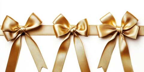 Poster - Glossy gold gift bows isolated on a white background. Blank space for text. Celebration template. Gold ribbon. Greeting card mockup.