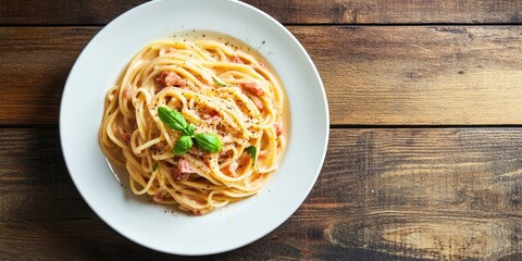 Poster - Classic Italian pasta carbonara on a white plate on a wooden tabletop, rustic style, top view copy space.
