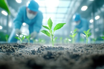 A focused view of a young plant emerging from soil, with researchers tending their crops in a modern greenhouse environment.