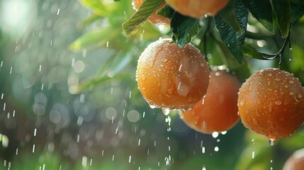 oranges dripping with fresh rainwater hanging from a lush tree --no text and people, human --chaos 10 --ar 16:9 Job ID: c3ff9f57-bf16-4795-a080-72a178e7c513