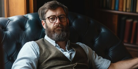 Wall Mural - A man with a beard and glasses is sitting in a chair in front of a bookshelf. He is deep in thought or contemplation. The chair is a black leather recliner