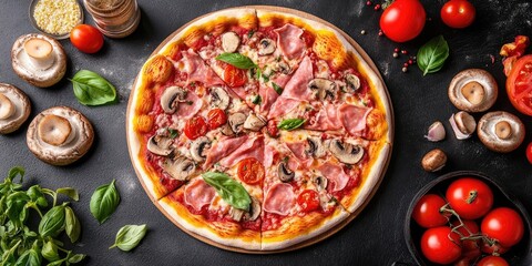 Poster - Delicious mushrooms and ham pizza alongside cooking ingredients like tomatoes and basil on a dark background. Top view