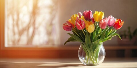 Aufkleber - A vase of multicolored tulips sits on the table near the wall. Selective focus.