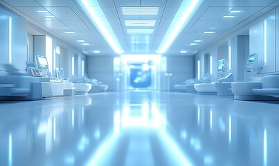 Poster - A serene, futuristic hallway with sleek white furniture and vibrant blue lighting, creating a tranquil and modern ambiance.