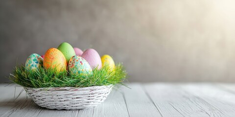 Aufkleber - Colorful Easter eggs and a mound of green grass in a basket on a white wooden table. Easter backdrop, egg hunt idea. Empty copy space, mockup, hay.