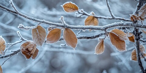 Poster - Frost-covered tree branch with dried leaves.