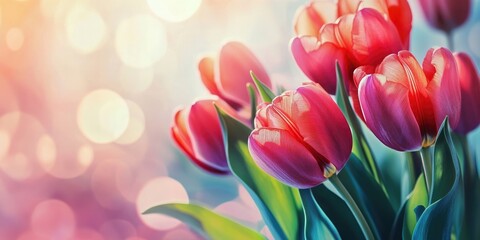 Poster - Congratulations and tulips against a light background. Selective focus. Nature.