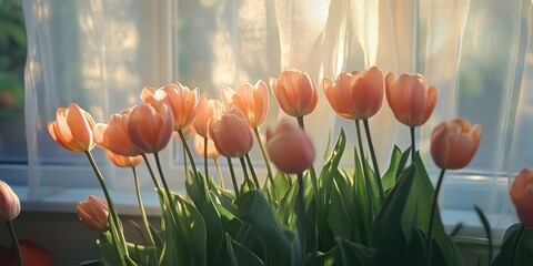 Poster - Peach tulips lit by sunlight through the window.