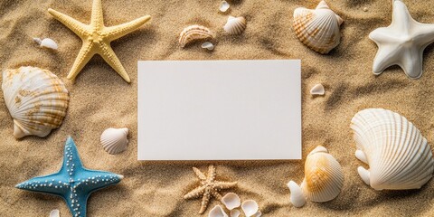 Poster - Blank card, starfish, and seashells on the sand.