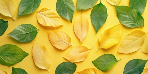 Aufkleber - Create a card using green and yellow leaves for an abstract background. Nature concept, flat lay, copyspace, sketchbook.