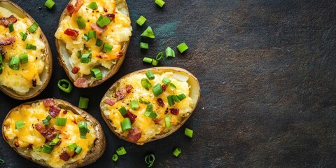 Aufkleber - An aerial image of baked potatoes topped with cheese, green onions, and bacon, captured from above on rustic surfaces, featuring space for text.
