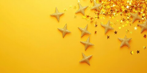Aufkleber - sparkles shaped like stars on a yellow background, festive atmosphere, top view, copy space