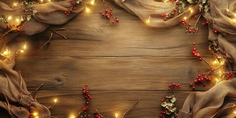 Aufkleber - Christmas wooden texture background featuring lights, warm fabric, and berries.