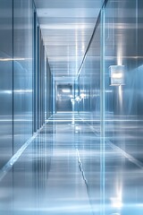 Poster - A sleek, modern corridor with reflective surfaces and glowing light fixtures, creating a futuristic and clean atmosphere.