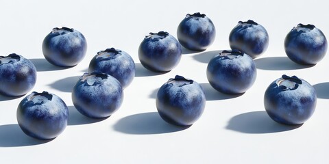 Aufkleber - Close-up of isolated blueberries on a white background casting a soft shadow. Ripe, delicious blueberries up close on a light table background. Perfectionism.