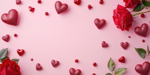 Wall Mural - Valentine's Day background greeting card featuring love symbols, red decorations, and roses on a pink backdrop. Top view with copy space and text. Flat lay.