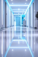 Poster - A modern hallway with glowing blue lights and polished floors, reflecting a sleek and futuristic design ambiance.