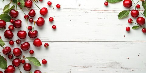 Poster - organic cherries on a white wooden table background