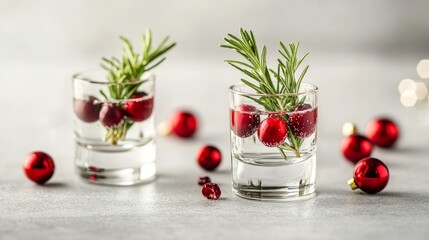 Two glasses of sparkling water with cranberries and rosemary sprigs on a light gray background with red ornaments.