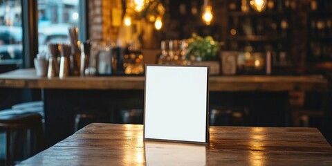 Aufkleber - Menu frame mock-up placed on a wooden table in a bar, restaurant, or cafe. Space for text.